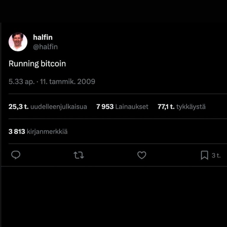 Finney tekemä twiitti bitcoinista vuodelta 2009